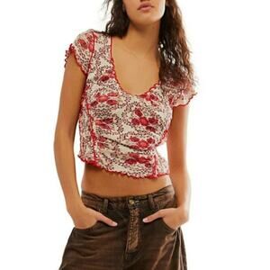 Free People Large Cropped Top "Oh My Baby" Tee Floral Semi Sheer New raw hem
